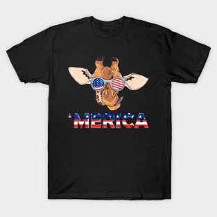 Merica Giraffe Wearing Sunglasses 4Th Of July American Flag T-Shirt